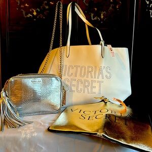 Set of 3 Victoria’s Secret Tote Bag, shoulder bag and weekender gold tote.